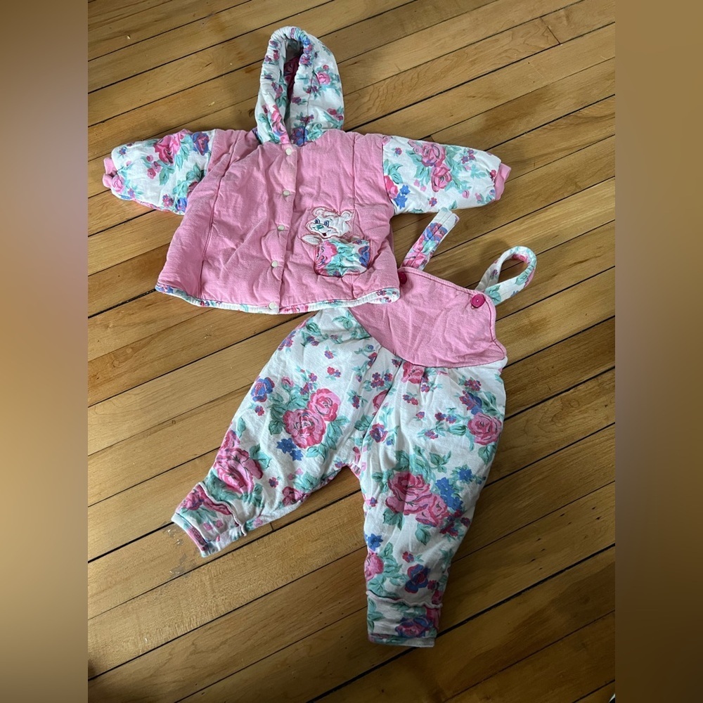 After the Stork vintage 90s floral pink 2 piece outfit quilted overalls & jacket